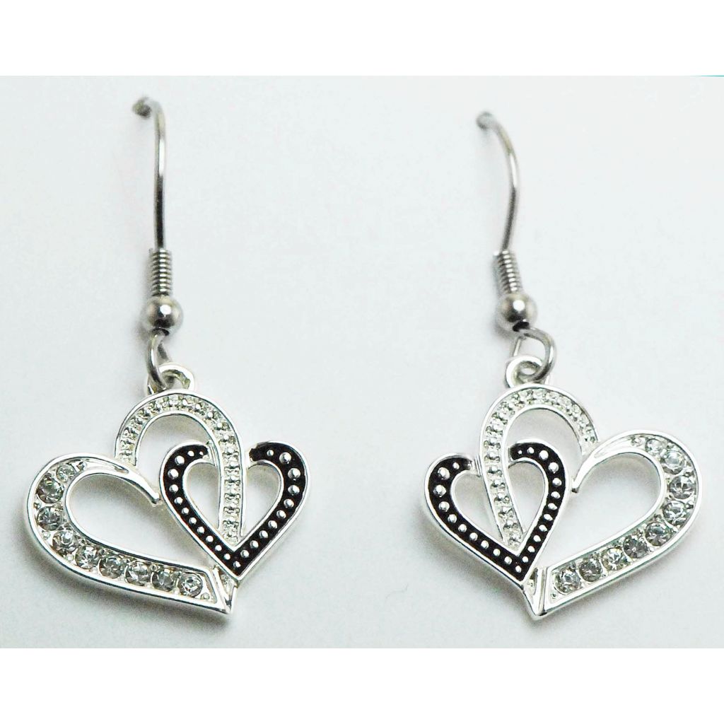 Western Edge Double Heart Earrings Crystal Beaded Heart Pierced Earrings