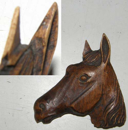 Vintage Carved Wood Horse Head Pin Wooden Horsehead Brooch