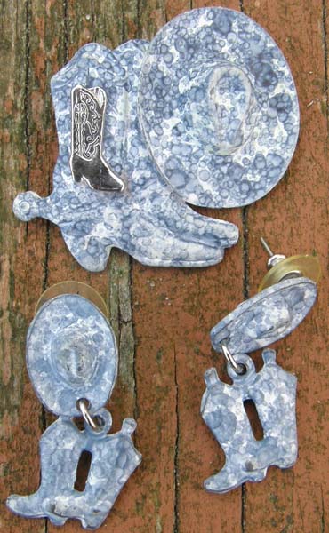 Cowboy Boots & Cowboy Hat Brooch & Pierced Earrings Set Blue Spatter Wear Cowgirl Boots Western Hat Stud Dangle Earrings Pin Set