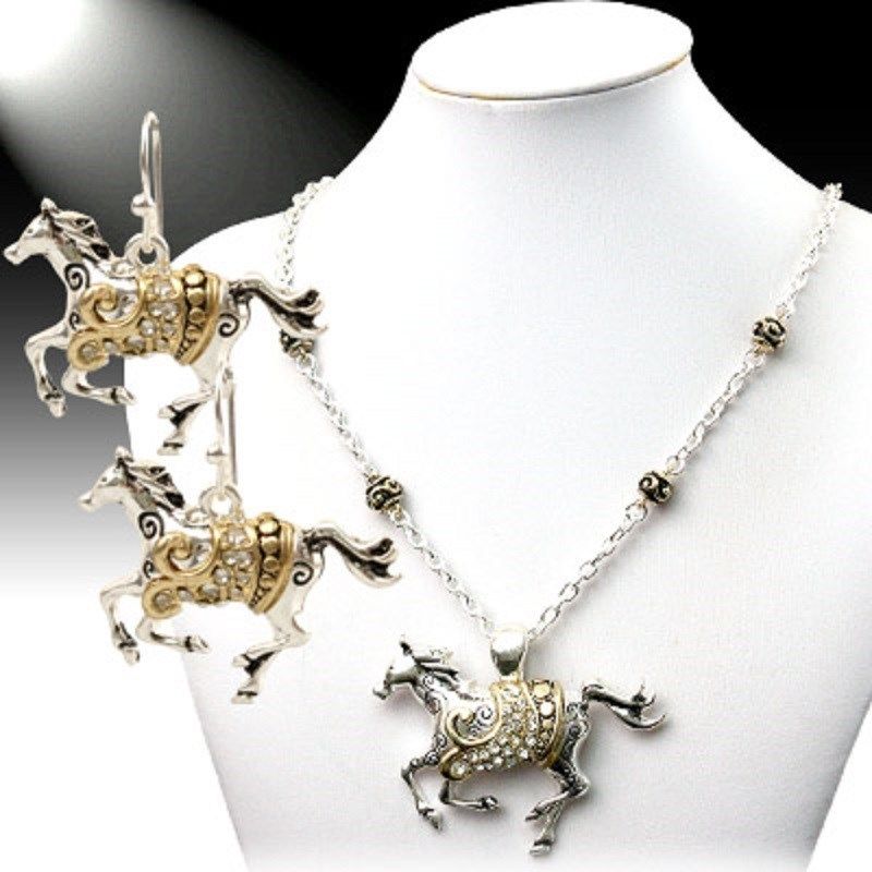 Icon Collection Western Horse Necklace & Earrings Set Running Horse Pierced Dangle Earrings
