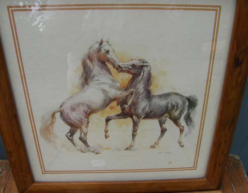 Vintage Scafa-Tornabene Art Fighting Horses Lithograph Framed Horse Print 1-2510