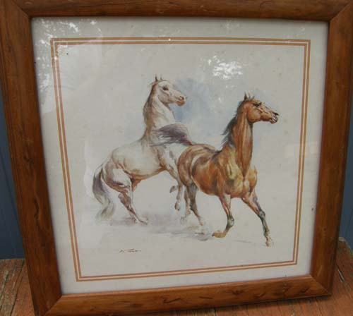 Vintage Scafa-Tornabene Art Fighting Horses Lithograph Framed Horse Print 1-2512