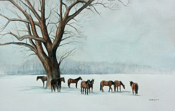 Horses In The Snow Horse Winter Scene Print Charlotte Yealey Open Edition Print of Watercolor Framed & Matted Horse Picture