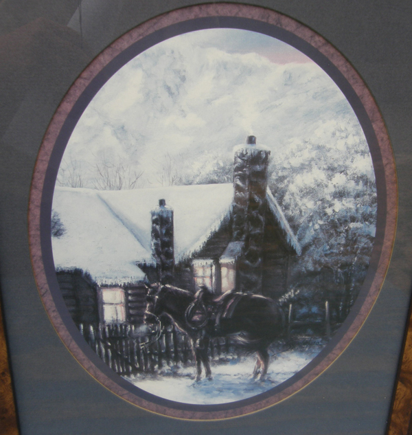 Vintage Home Interiors Joe Sambataro Framed Print Western Horse Snowy Winter Cabin Scene Picket Fence Matted Framed Print Artwork