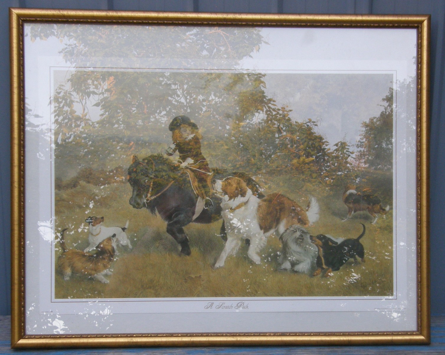 Vintage Oil Painting Print A Scratch Pack Horse Framed Print Pony Child Rider Dogs St Bernard Hunting Print Charles Burton Barber 1882
