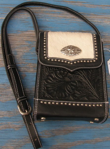 Vintage? American West Crossbody Pocketbook Leather Shoulder Bag Cowhide & Tooled Leather Purse Silver Studs Black