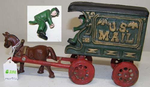 Vintage Cast Iron Horse Drawn U.S. Mail Wagon US Mail Truck Mail Man Driving Horse & Wagon Figurine Metal Toy