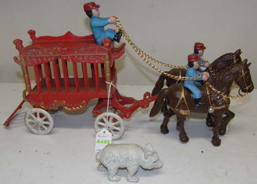 Vintage Kenton Cast Iron Horse Drawn Overland Circus Cage Wagon with Polar Bear Team Driving Horses & Circus Wagon Figurine Metal Toy