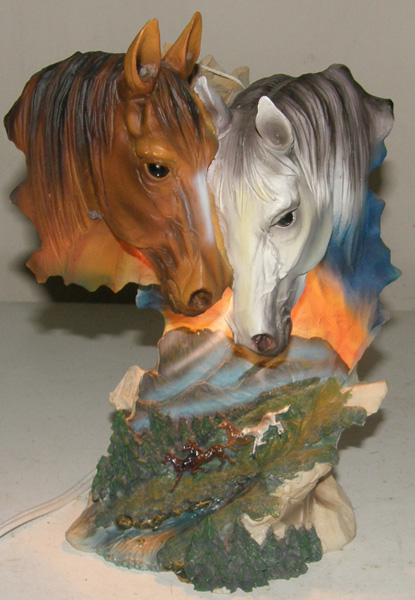 Resin Horse Head Sculpture Night Light Bay & Grey Quarter Horse Statue Desk Lamp QH Mustang Horseheads Figurine Table Lamp Running Horses Down Mountain On Base Western Home Decor Desk Lamp