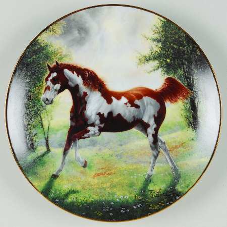 Vintage Hamilton Collection Limited Edition Collectible Horse Plate Painted Sunrise Unbridled Spirit Chuck DeHaan Chestnut Pinto Mustang