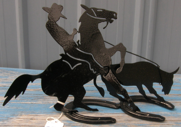 Metal Silhouette Cowboy Roping Cow Steer on Horseshoes Horse Metal Art on Horse Shoes
