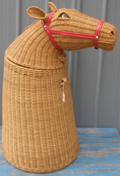 Vintage 1970s 2 pc Wicker Horse Hamper Toy Storage Wicker Clothes Hamper