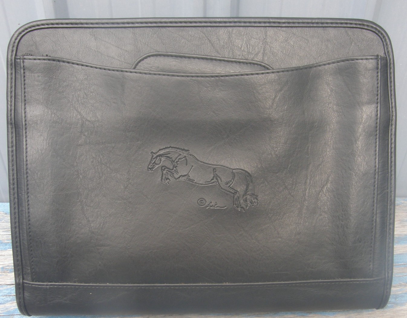 Asi Leather Portfolio with Binder Leather Briefcase Folder English Jumping Horse Black