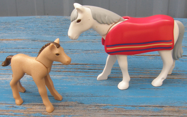 Vintage Playmobile Light Grey Mare & Buckskin Foal Horse Blanket Geobra Toy Miniature Horse White Grey