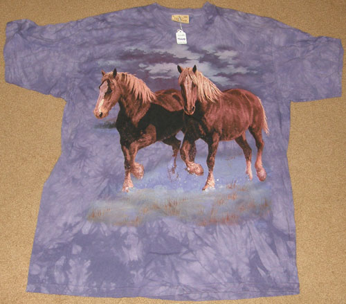 The Mountain Horse T-Shirt Chestnut Draft Horses Belgian Tee Shirt Purple Hand Dyed Adult 2XL XXL