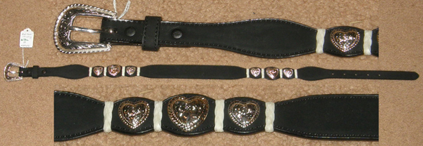 3-D Western Belt Shaped Belt with Engraved Silver Buckle Silver Heart Conchos Rawhide Trim Black 28"