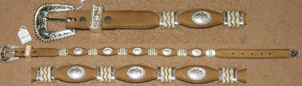 Nocona Western Belt Shaped Belt with Engraved Silver Buckle Silver Oval Conchos Rawhide Trim Distressed Brown 26"