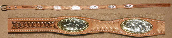 Grants Leather Western Belt Shaped Belt Silver Oval Conchos Braided Leather Trim Basketweave Tooled Lt Oil Chestnut 28"