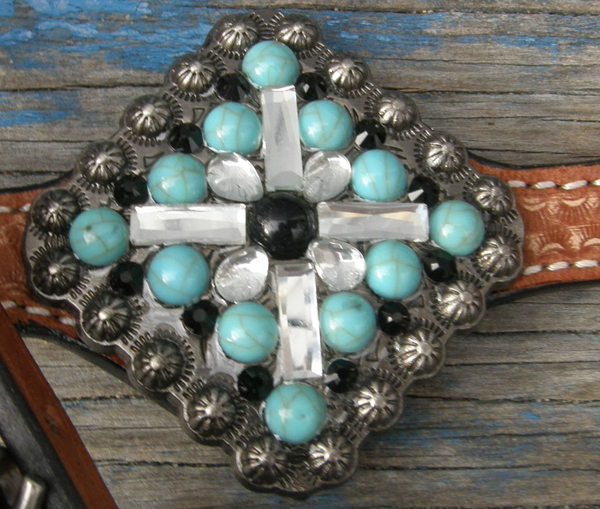 Showman? Hilason? Turquoise Bling Browband Western Bridle Breastcollar Set Turquoise/Black/Silver Cross Conchos Silver Dot Trim Western Headstall 7' Split Reins Breast Collar Cob Horse Chestnut Leather