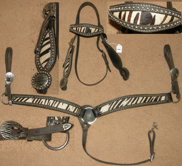 Silver Royal Black Zebra Shaped Browband Western Headstall Breast Collar Shaped Cheek Zebra Hide Inlay Western Headstall Breastcollar Silver Dots Silver Studs Nickel Spots Studded Western Bridle Silver Conchos Zebra Tiger Conchos Exotic Animal Hair On Inlay Horse