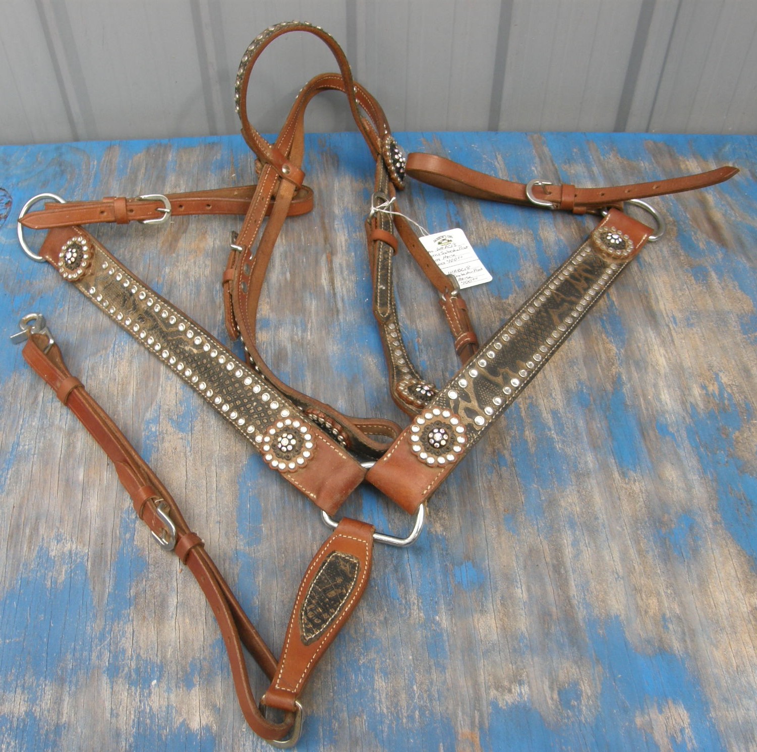 Showman? Hilason? Tahoe Tack? Western Headstall Breast Collar Set Python Snakeskin Print Berry Conchos Rhinestones Bling Set Shaped Western Headstall Western Bridle Center Ring Straight Leather Breastcollar Set Horse