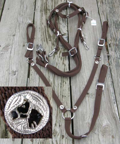 Pony Nylon Western Bridle, Reins & Breastcollar Set with Horsehead Concho Trim