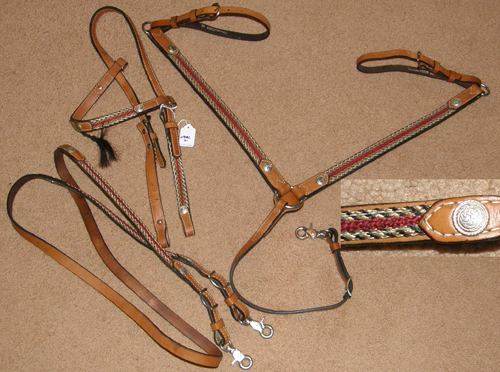  Tex Tan Browband Western Bridle Roping Reins Center Ring Breastcollar Lt Oil Chestnut Leather Braided Horsehair Trim Horse Hair Tassels Silver Conchos Western Headstall Gaming Reins Western Bridle Breast Collar Set Horse