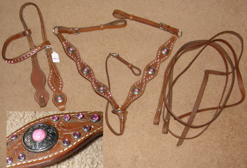 Showman Western Headstall and Breast Collar Set with Pink Rhinestones Silver Conchos with Pink Stone Center Shaped Western Bridle Split Reins Tooled Leather Shaped Breastcollar Set