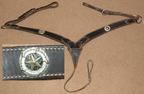 Harness Leather Shaped Roper Breast Collar Center Ring Western Breastcollar Black Texas Star Conchos