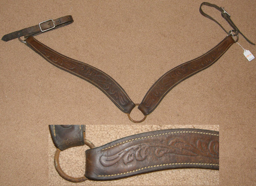 Vintage Shaped Leather Western Breastcollar Tooled Shaped Breastcollar Center Ring Roper Breast Collar