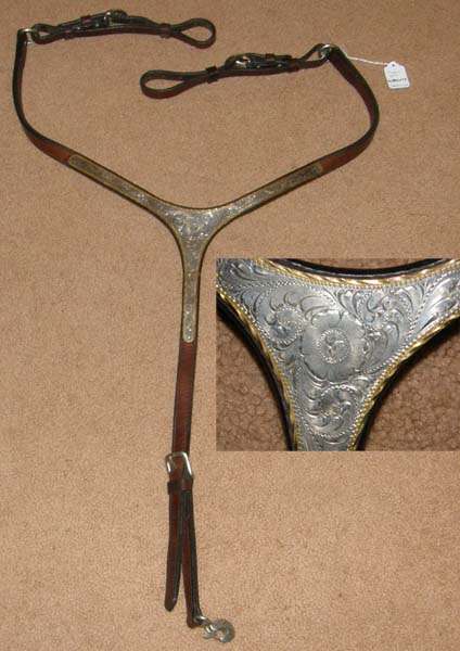 Vintage Circle Y Western Breastcollar Engraved Silver Y Shaped Concho Y Shaped Western Show Breast Collar with Silver Trim Plate Edged in Gold