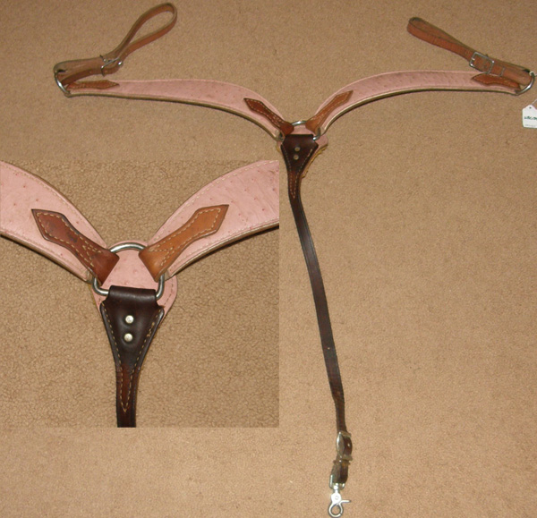 Pink Ostrich Print Overlay Shaped Western Breastcollar Center Ring Western Breast Collar Horse
