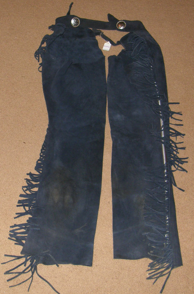 Western Riding SHOW CHAPS Suede Leather FRINGE down both Legs & SILVER Concho
