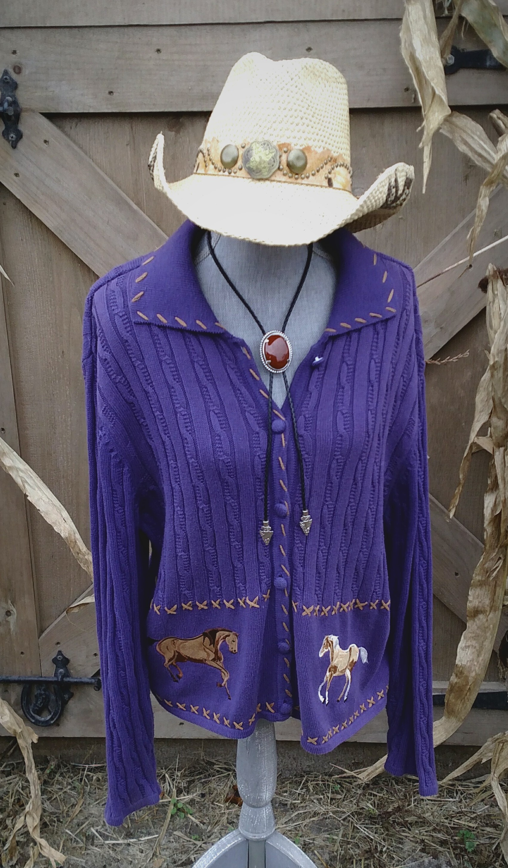 Rods Buckskin Palomino Horse Sweater Cardigan Purple Ladies XL