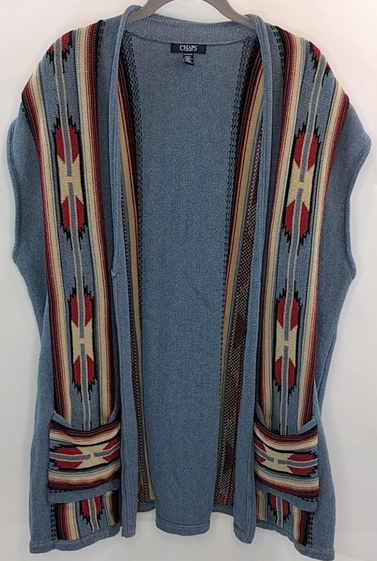 Chaps Denim Sleeveless Sweater Vest Cardigan Lt Blue/Southwestern Print Ladies 2X
