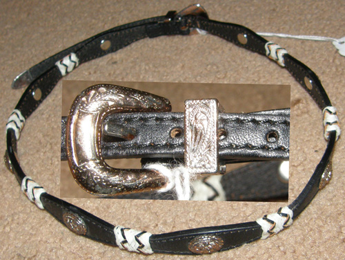 Western Hat Band Braided Rawhide Trim Leather Hatband with Silver Buckle Silver Conchos Black/White
