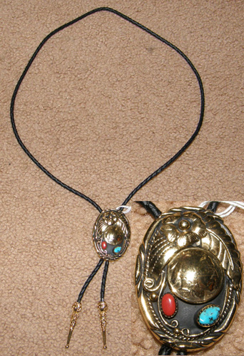 Western Bola Bolo Tie S.S.I. Bolo Slide Gold Plated Indian Head with Turquoise & Coral
