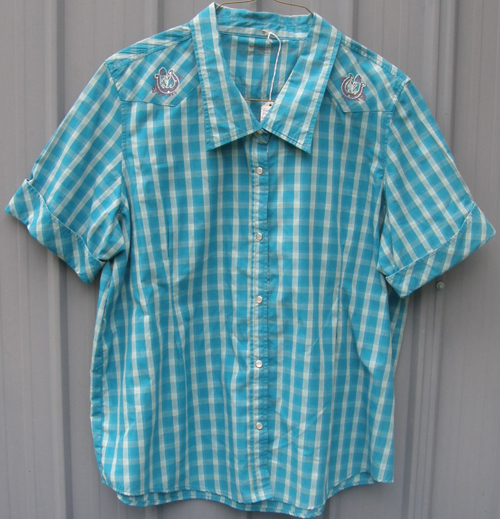 Bit & Bridle Western Shirt Short Sleeve Rodeo Shirt SS Top Ladies 2X Teal Plaid Pearl Snaps