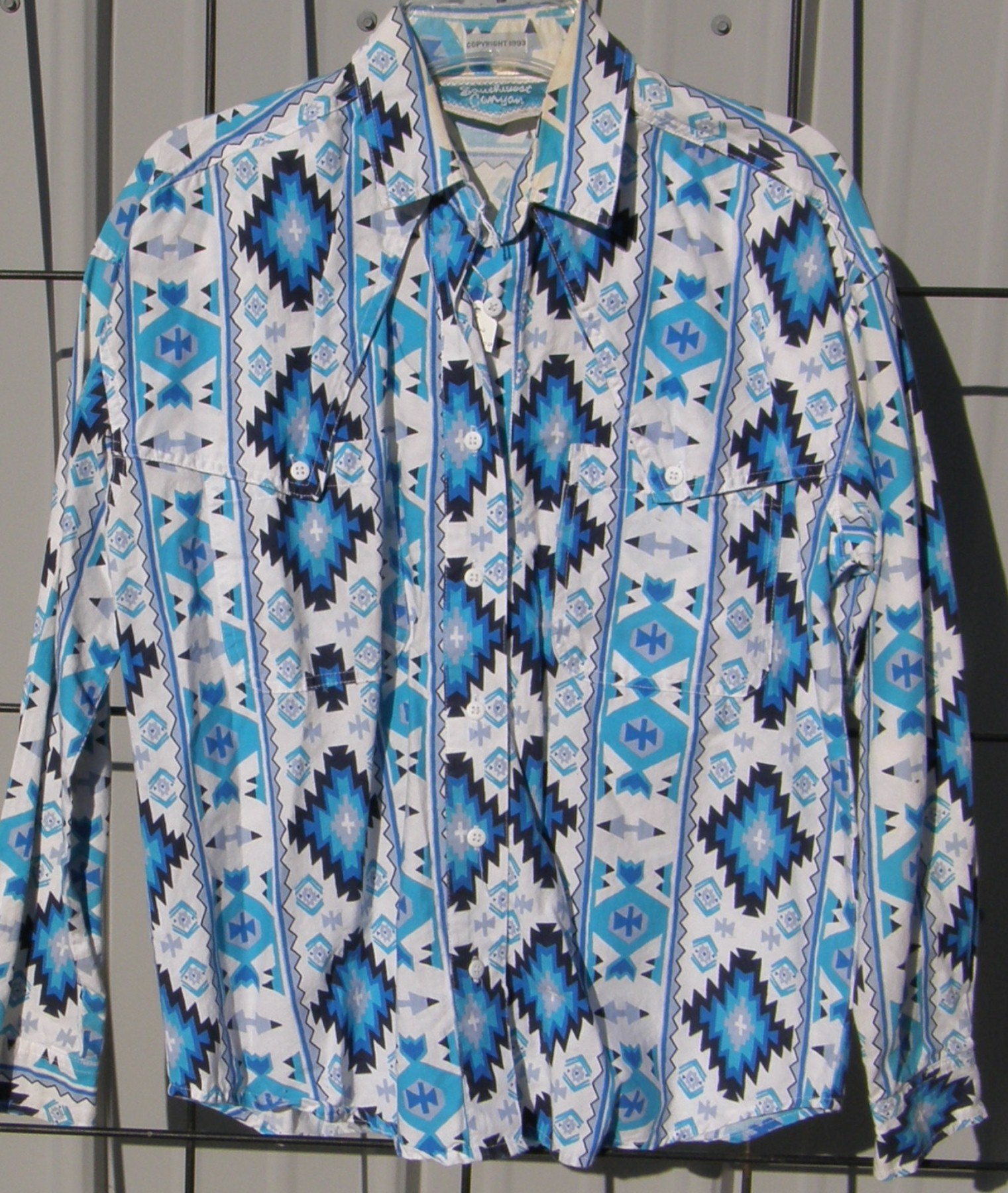Vintage Southwest Canyon Southwestern Aztec Print Western Shirt Teal Blue/Black/White Ladies S