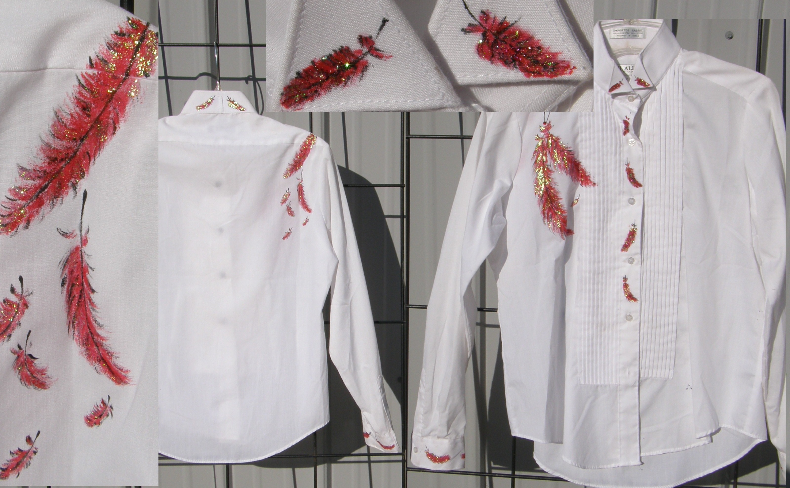 Neil Allyn Tuxedo Shirt Western Shirt Western Show Shirt with Hand Painted Feathers Ladies 12 White