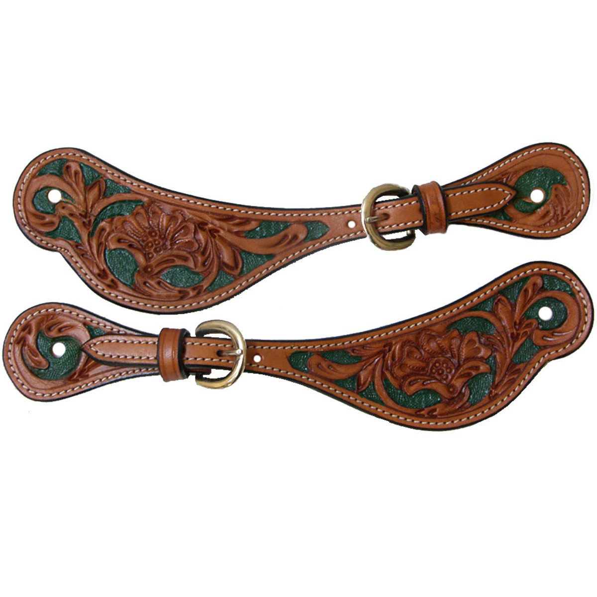 Shaped Leather Floral Tooled Western Spur Straps Show Western Spurs Straps Green Accents