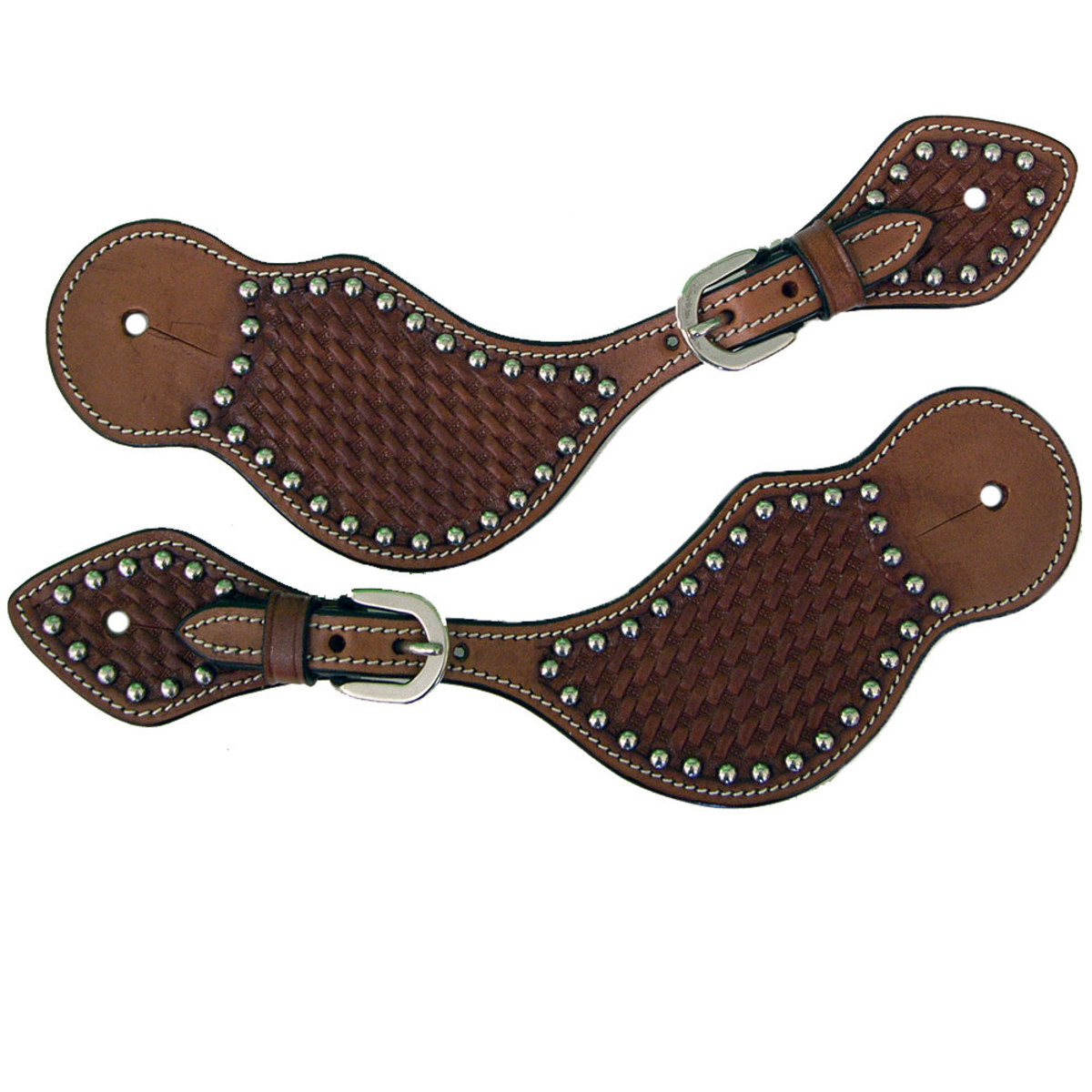 Shaped Leather Basketweave Tooled Western Spur Straps Silver Studs Basket Weave Western Spur Straps Silver Dots Chestnut