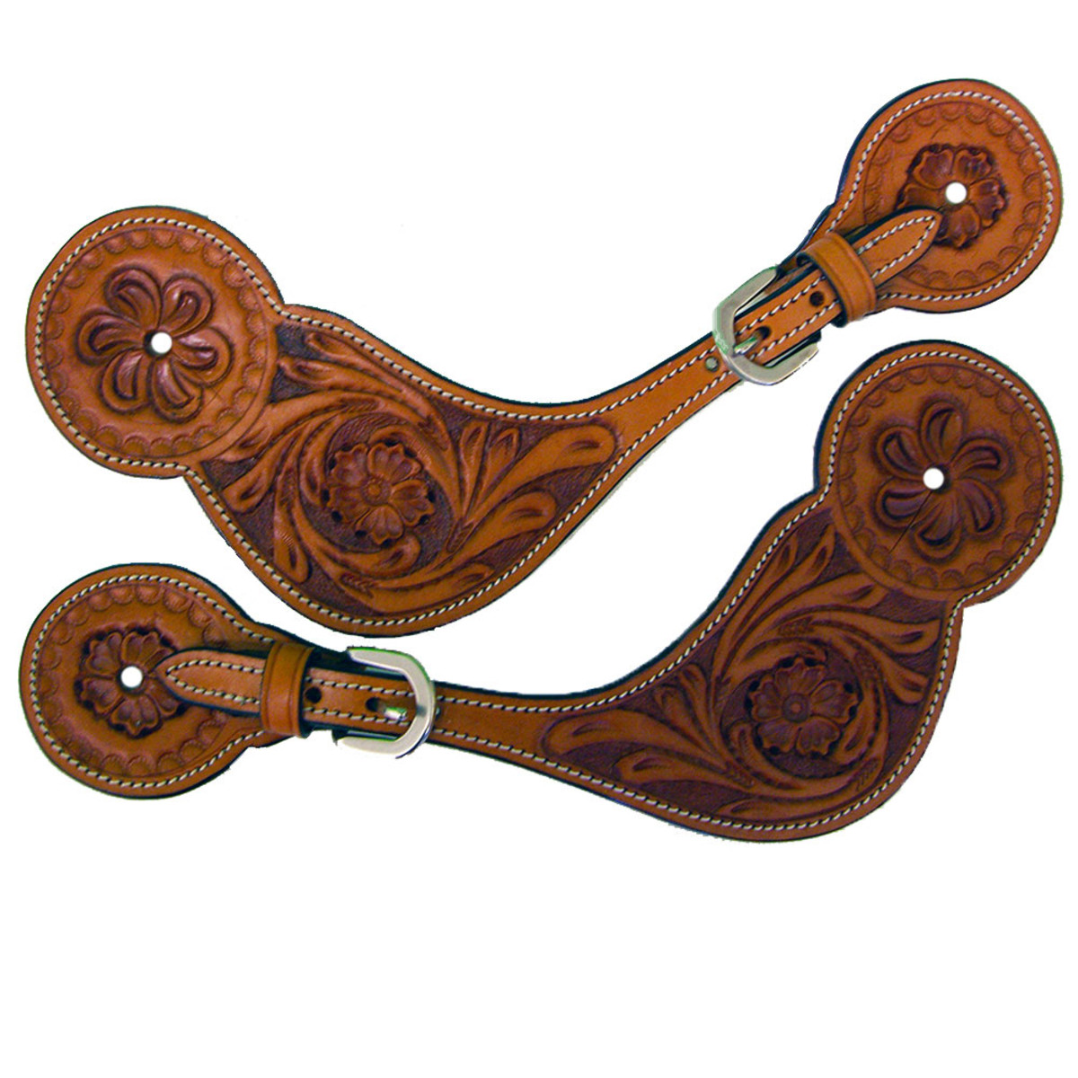 Shaped Leather Floral Tooled Western Spur Straps Tooled Leather Western Spur Straps Chestnut