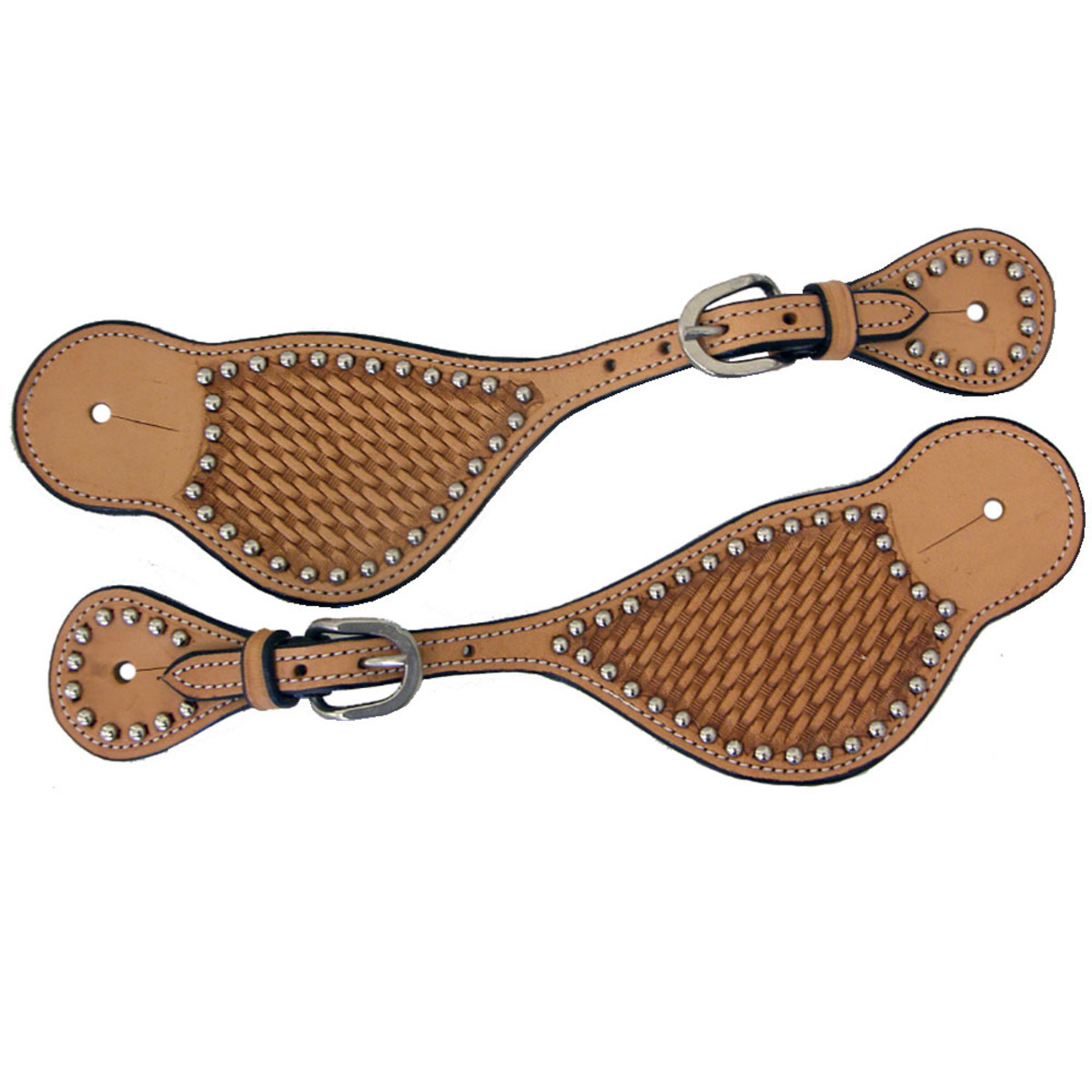 Shaped Leather Basketweave Tooled Western Spur Straps Silver Studs Basket Weave Western Spur Straps Silver Dots Lt Oil