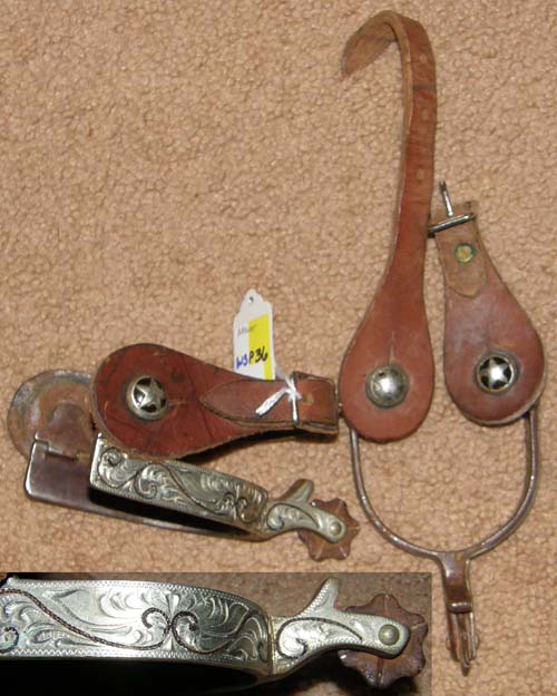 Weaver Western Show Spurs Antiqued Brown Steel Engraved German Silver Overlay Texas Star Mens Spurs with Spur Straps