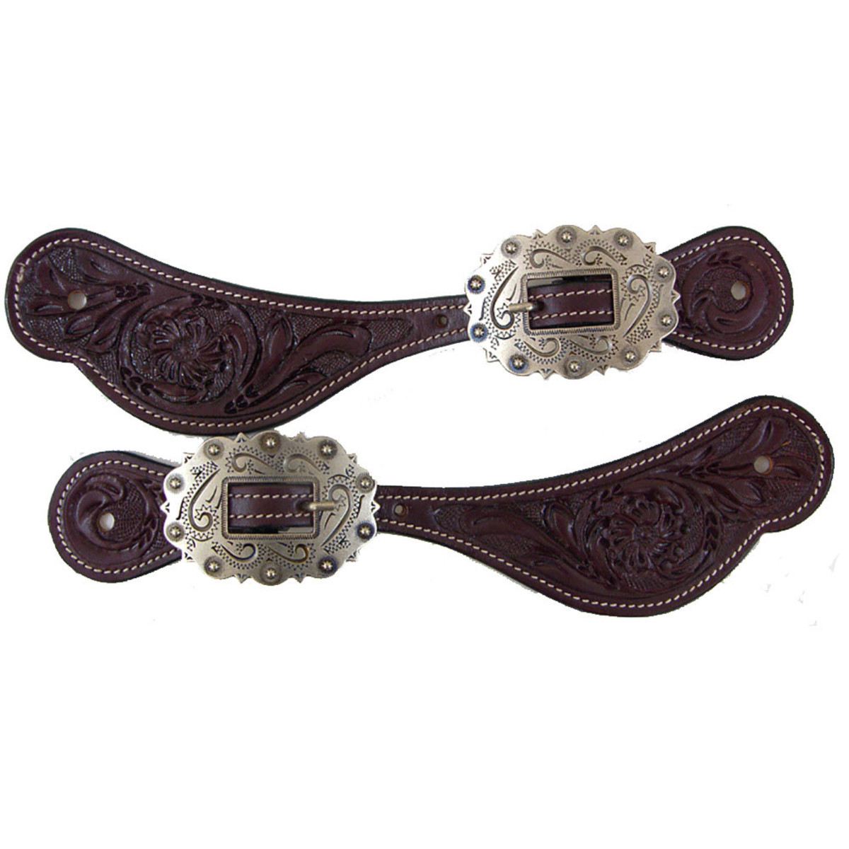 Shaped Leather Floral Tooled Western Spur Straps Tooled Leather Western Spur Straps Large Silver Buckle Dark Brown