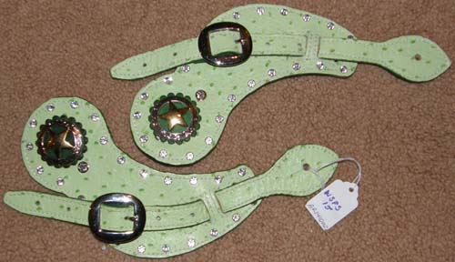 Shaped Lime Ostrich Western Spur Straps Show Western Spurs Straps w/Texas Star Silver Concho