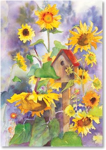 Encouragement Support Card Leanin' Tree Thinking Of You Greeting Card Birdhouse & Sunflowers Judy Buswell