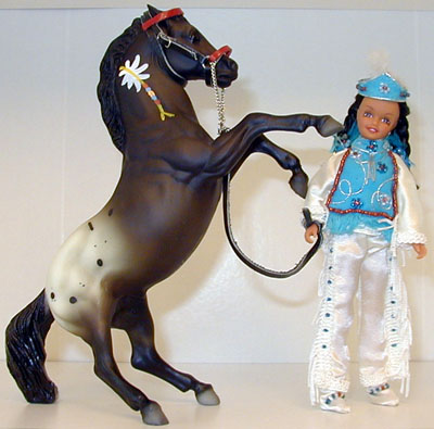 Breyer #703495 Willow & Shining Star Bay Appaloosa Rearing Stallion Native American Indian Girl Rider Doll SR JAH Set 1995