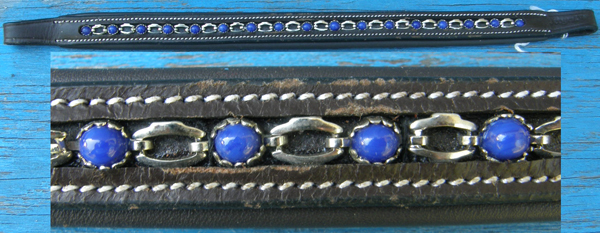 Royal Designer Blue Beaded Silver Link Brown Lined Padded Leather Browband English Bridle Dressage Bridle Browband Replacement Bridle Part Blue Beads Bling Browband Horse 15 1/2"